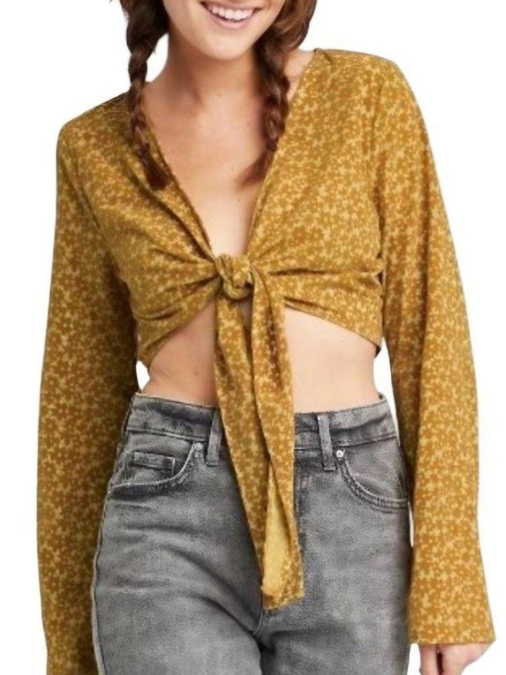 Women’s Mustard Tie-Front Long Sleeve Top